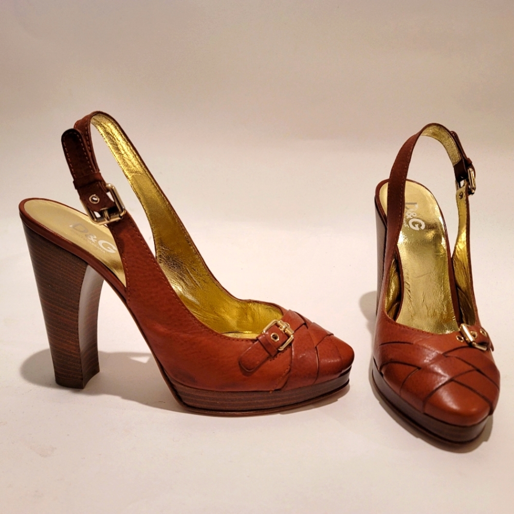 D&G Dolce & Gabbana Slingback Woven Leather Block Heels, Women's 9 - Brown